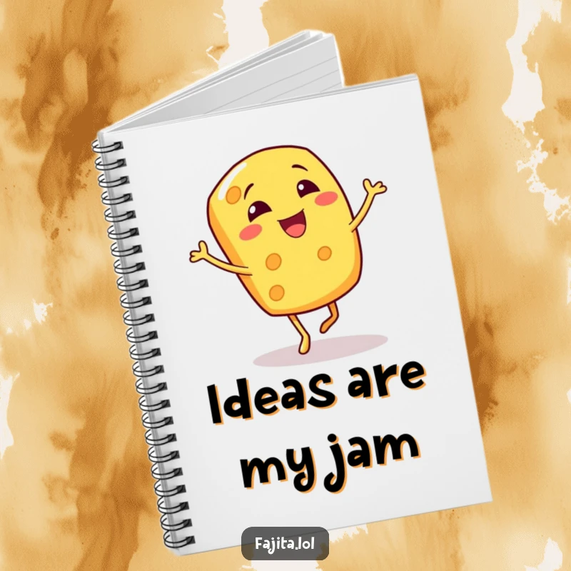 Funny notebook cover with a giggling cheese shred character enthusiastically doing a bouncy jig, ready for notes.