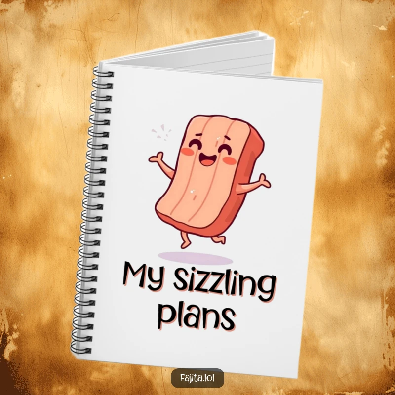 Funny notebook featuring a smiling strip of grilled meat doing an excited shimmy dance, for jotting down tasty ideas.