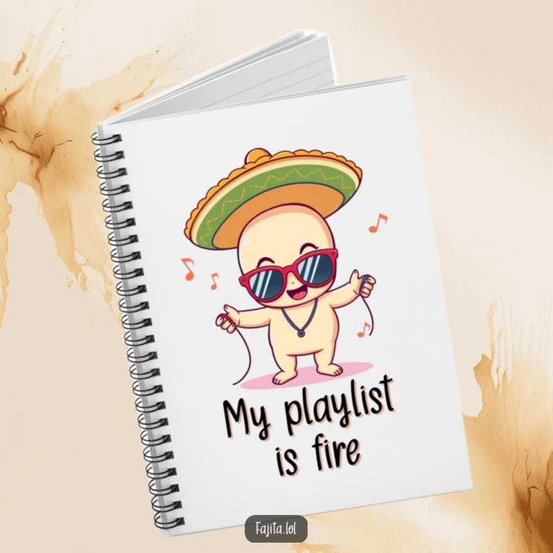Funny notebook with a delighted sombrero character wearing sunglasses and grooving to music, perfect for jotting down notes with a party theme.