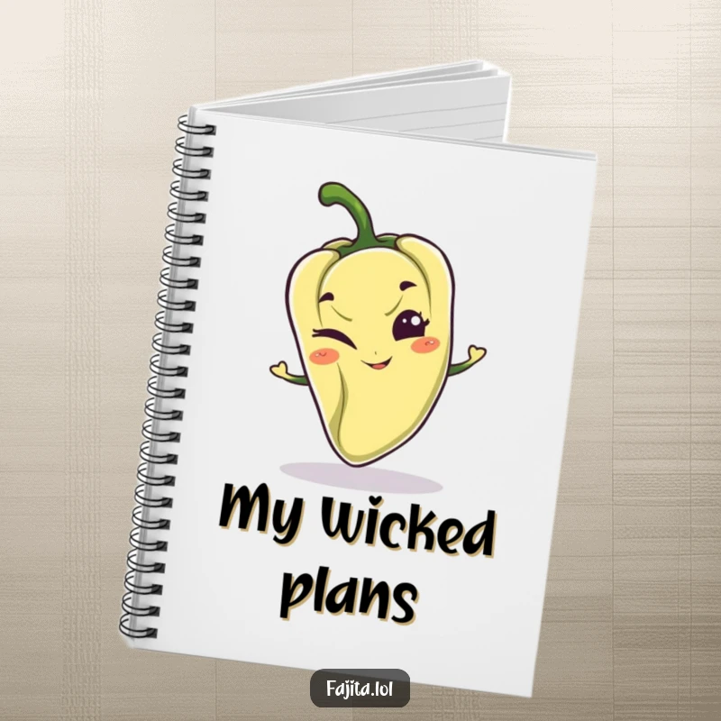 Funny notebook with a playful pepper character, mischievous grin, and wink, perfect for jotting down notes with a zesty flair.