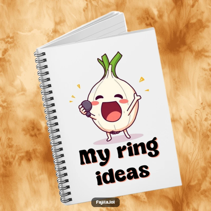 Funny notebook featuring an excited onion ring character doing a dramatic mic drop, for jotting down amazing ideas.