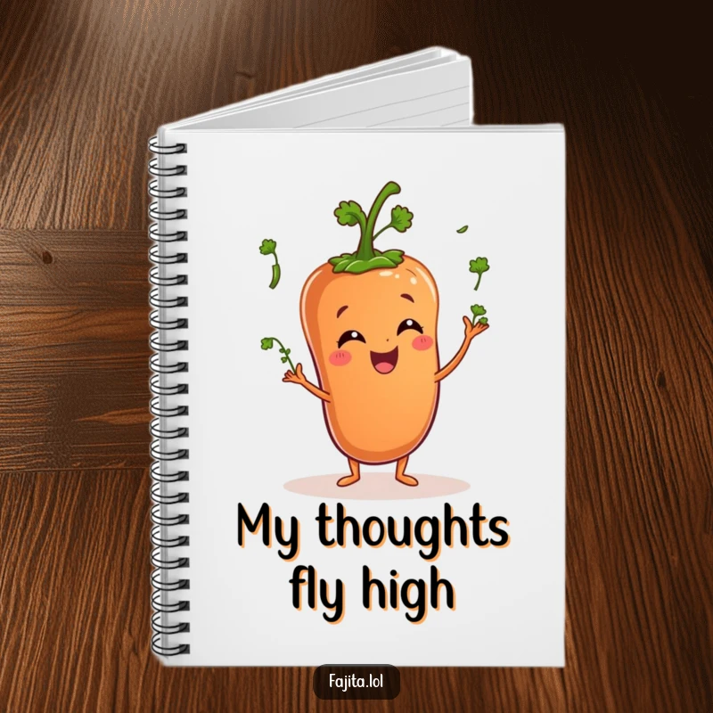 Funny notebook cover shows a happy pepper character juggling miniature cilantro sprigs, perfect for note-taking.