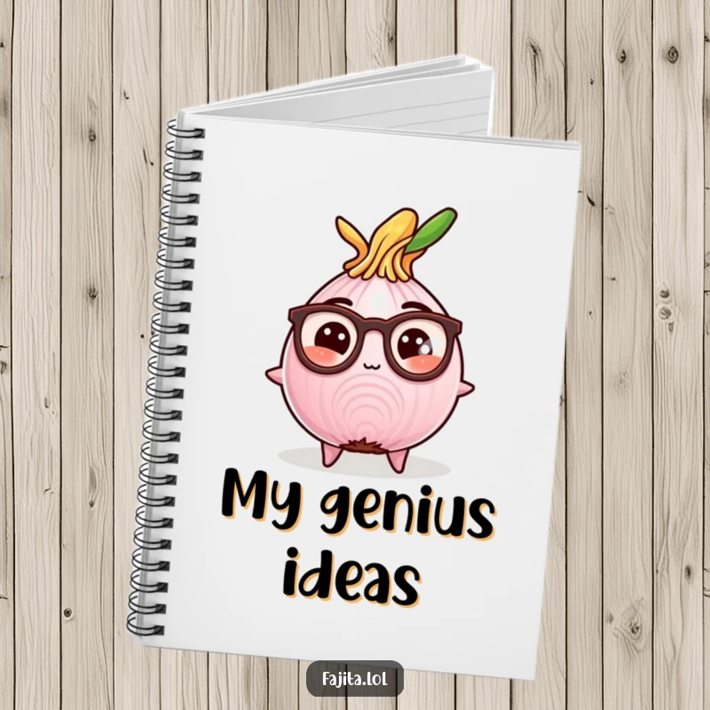 Funny notebook with a studious fajita onion slice wearing reading glasses, perfect for jotting down ideas with a comedic touch.
