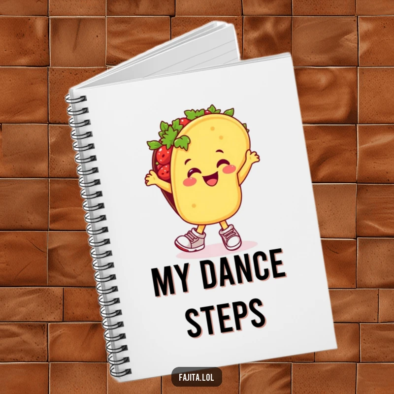 Funny notebook cover showing a taco in sneakers mid-salsa dance, inspiring joy and creativity for note-taking.