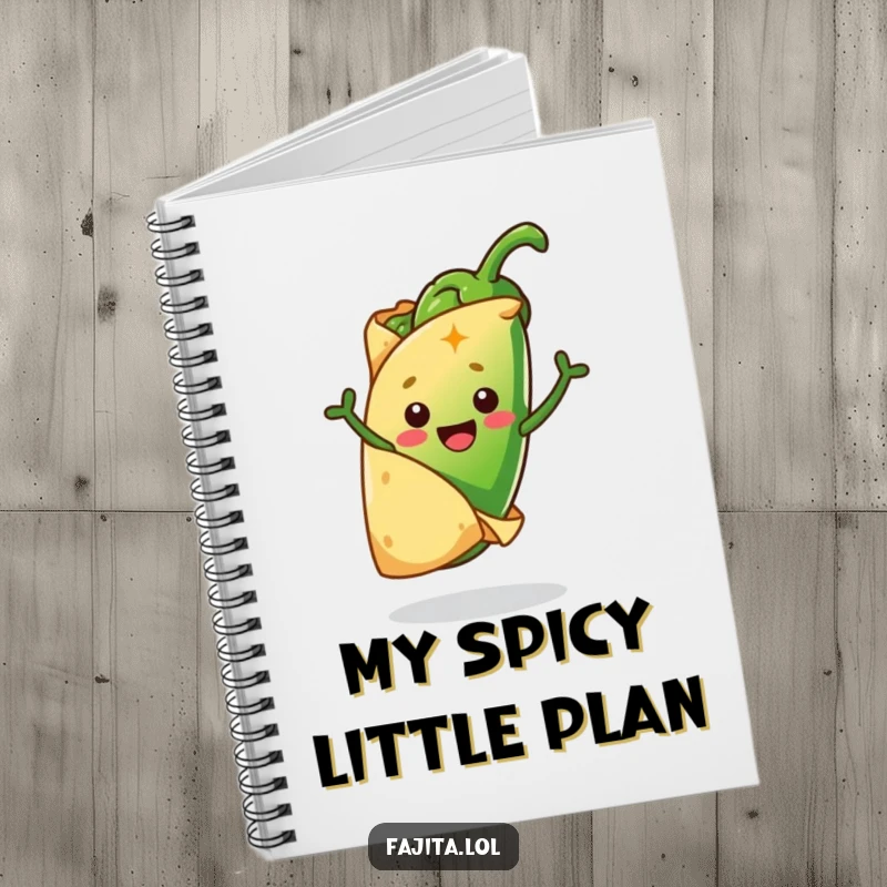 Funny notebook with a cheerful tortilla hugging a jumping jalapeño, perfect for capturing spicy ideas with a comedic touch.