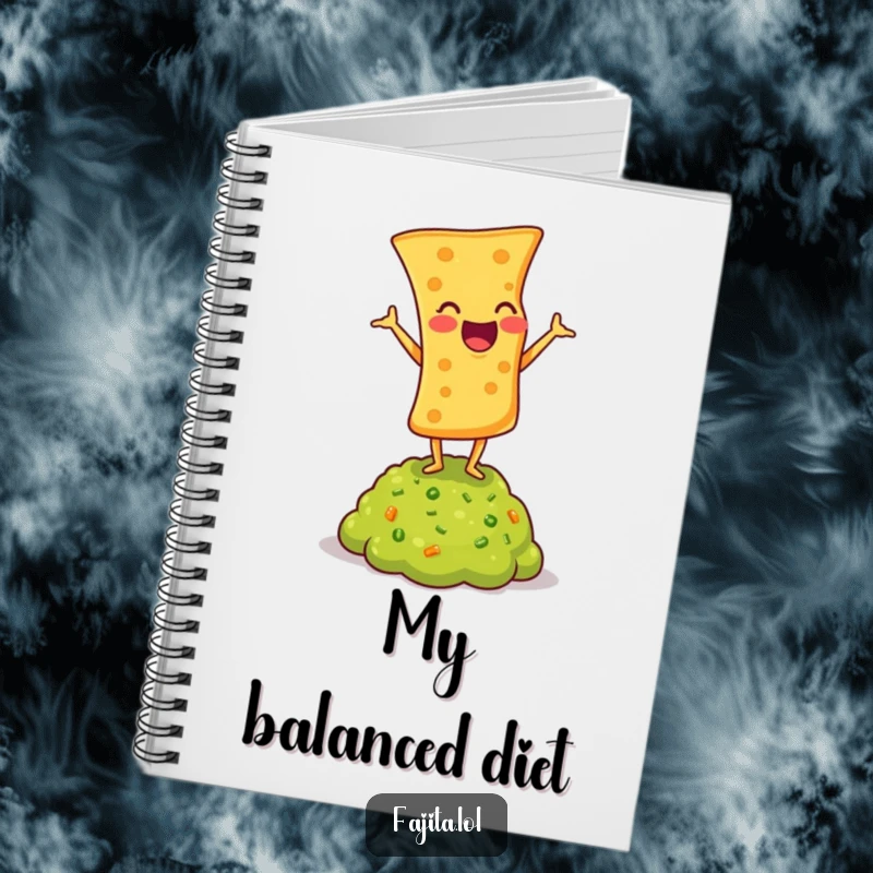 Funny notebook featuring a laughing tortilla chip doing a headstand on guacamole, ideal for humorous journaling.