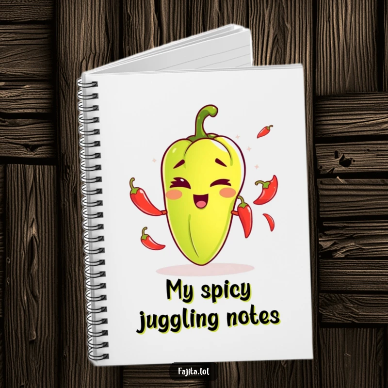 Funny notebook with a fajita pepper winking playfully while juggling chili peppers, perfect for jotting down ideas with a comedic touch.