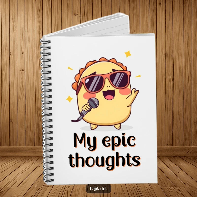 Funny notebook featuring a winking taco with sunglasses executing a mic drop, ideal for recording inspired thoughts with cool flair.