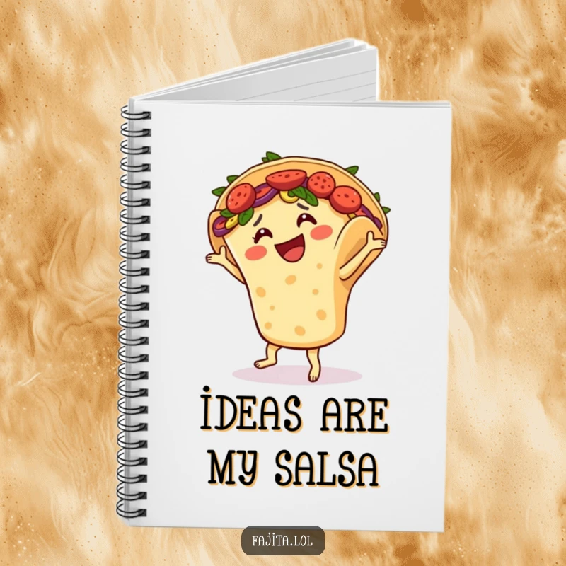 Funny notebook cover features a smiling fajita in a tortilla shell salsa dancing, ready for creative ideas.