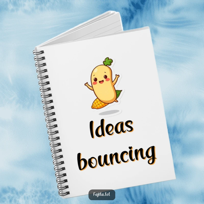 Funny Fajita Bean Character Notebook featuring a happy bounce on a corn kernel, ready for notes, doodles, and joyful inspiration.