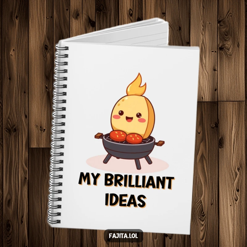 Funny notebook with a smiling fajita happily sizzling on a tiny cartoon grill, perfect for jotting down notes with a foodie theme.