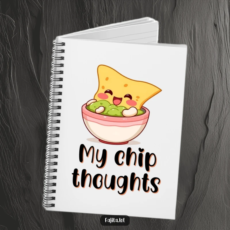 Funny notebook featuring a plump tortilla chip character happily diving into guacamole, perfect for writing delicious ideas.