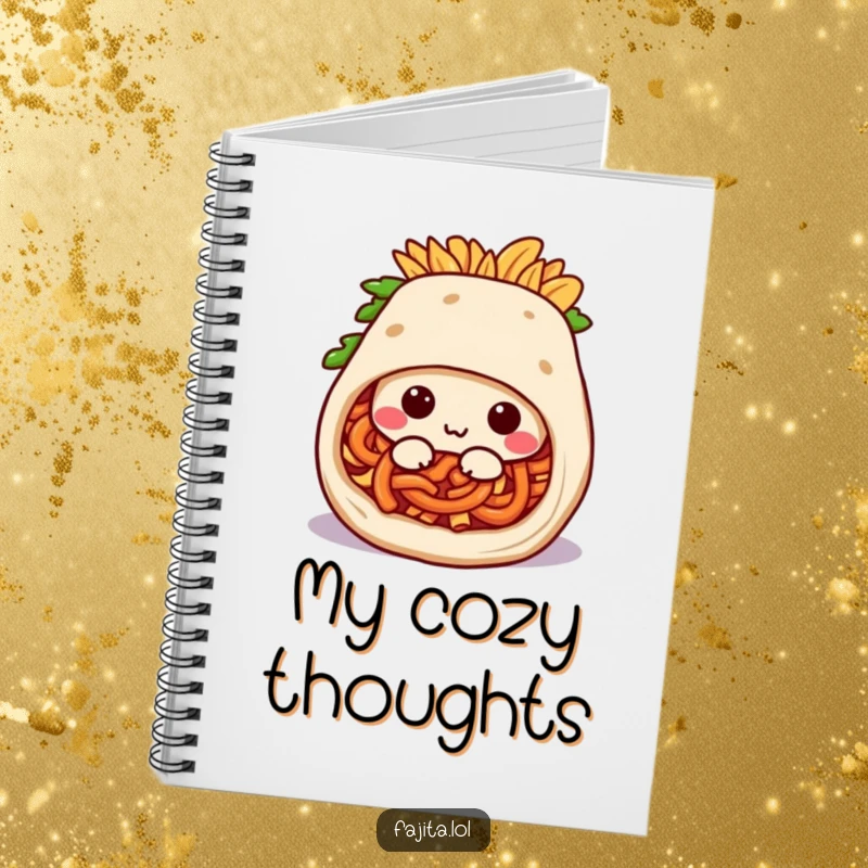 Funny notebook design of a happy fajita burrito character rolling into a snug position, ideal for note-taking.