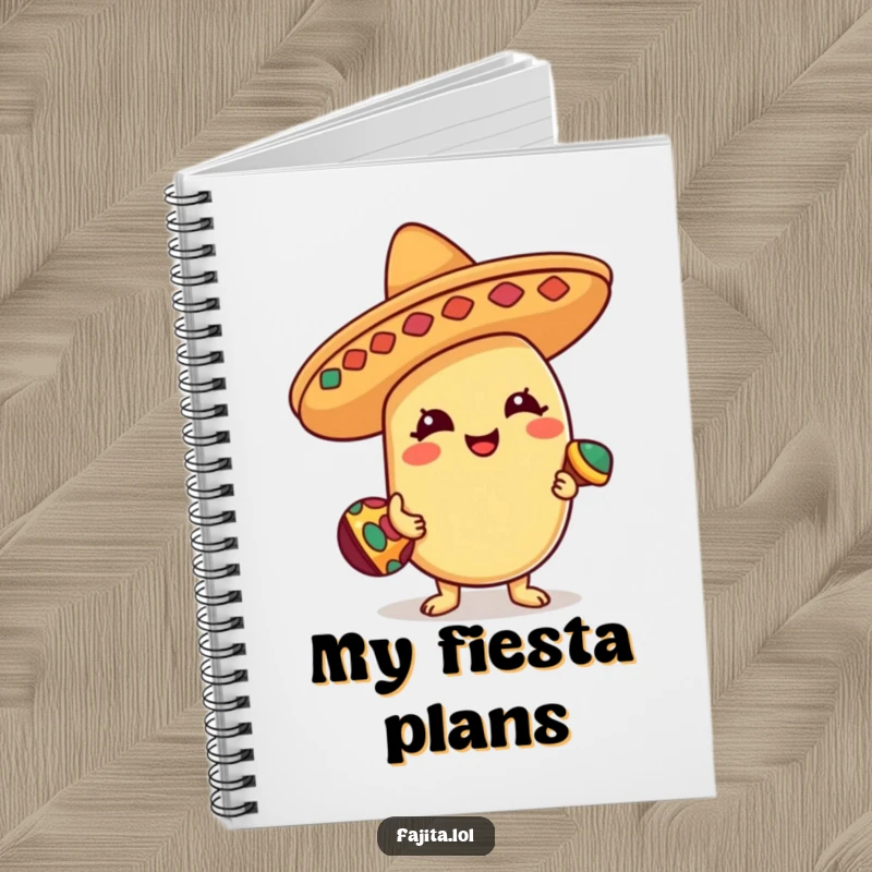 Funny Notebook with a happy bean character in a sombrero, playing a tiny maraca, perfect for jotting down ideas with festive flair.