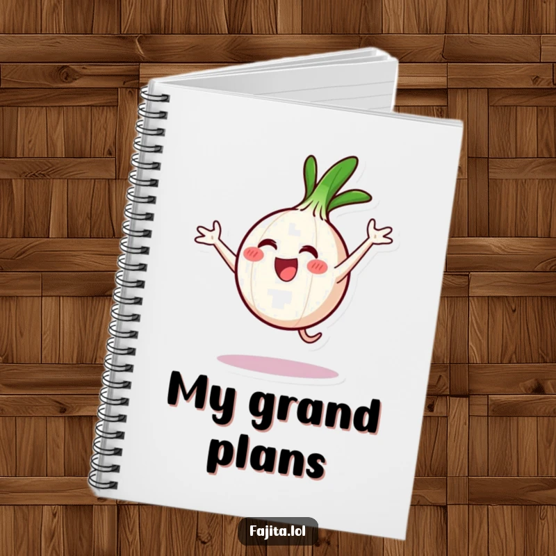 Funny notebook design of an onion ring character doing a cartwheel, ideal for brainstorming and note-taking.