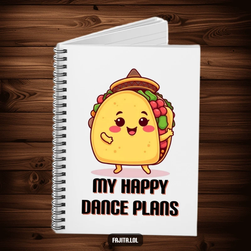 Funny taco notebook featuring a smiling taco shell in a sombrero doing a jig, ideal for jotting down notes with a humorous twist.