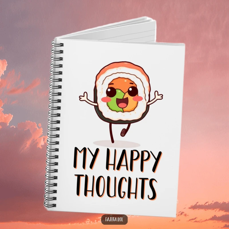 Funny notebook cover featuring a happy sushi roll on soy sauce legs, caught mid-hop for a playful vibe.