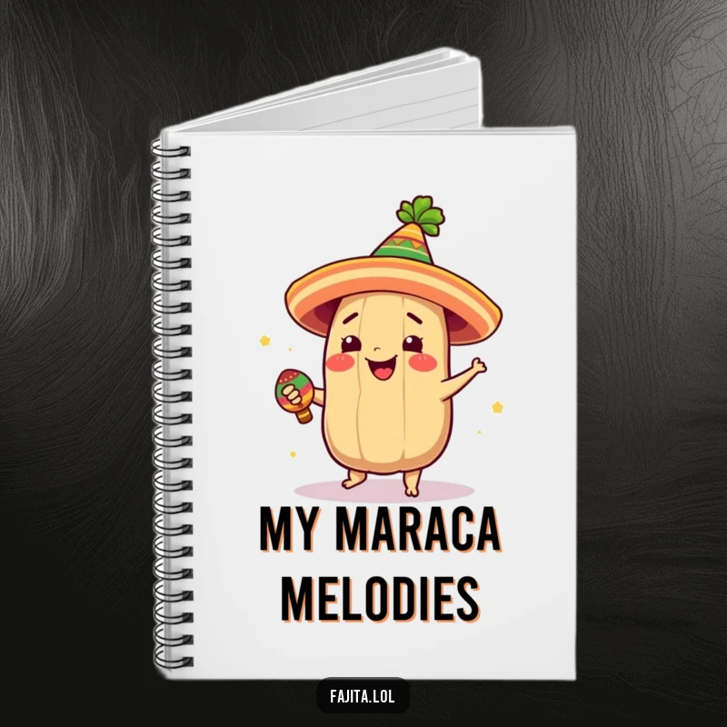 Funny notebook cover showing a tamale in a festive hat spinning with a maraca, inspiring joy and creativity.
