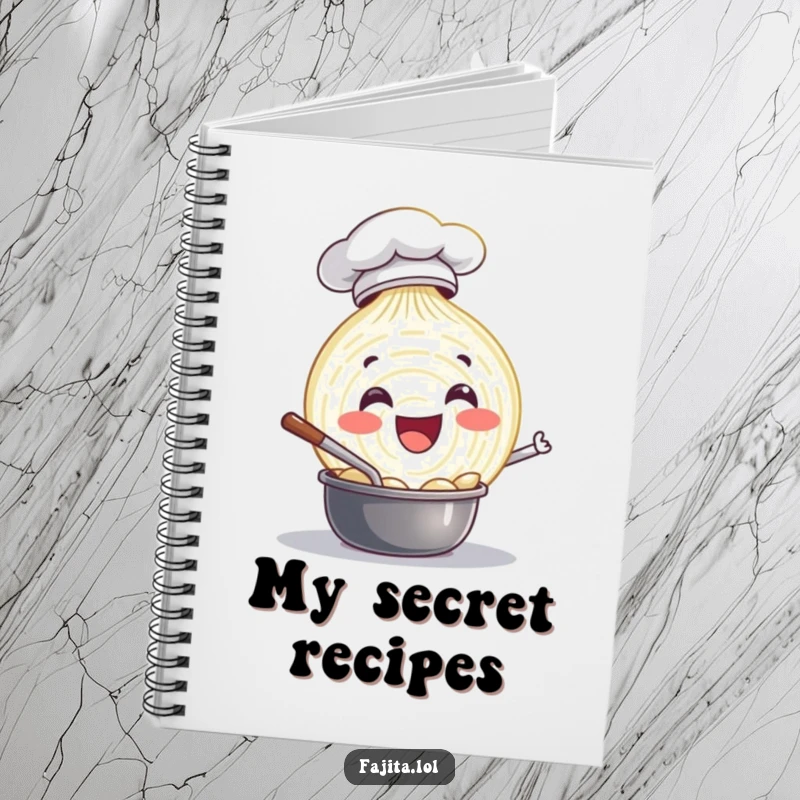 Funny notebook with a delighted onion slice chef happily stirring a pot, ideal for jotting down recipes with a dash of kitchen charm.