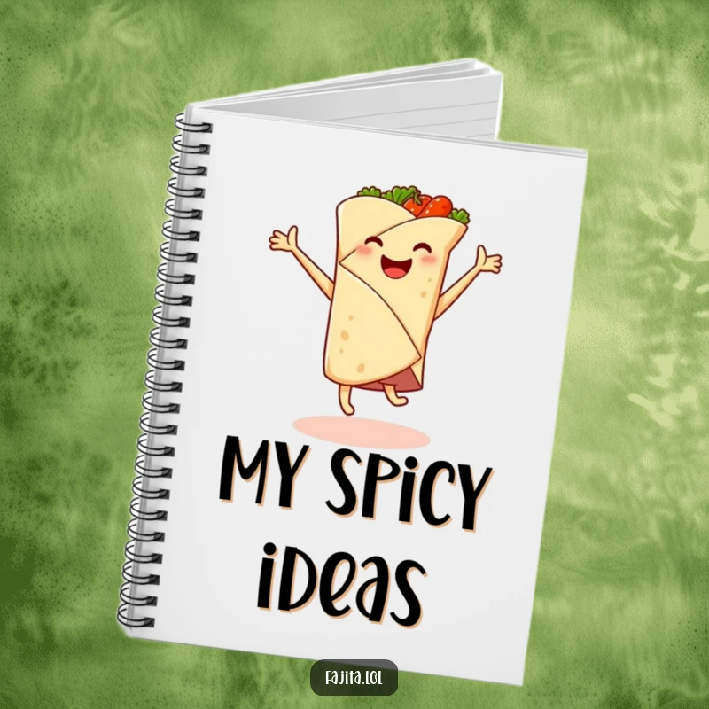 Funny notebook with a smiling fajita wrap doing a joyful cartwheel, spicy filling leaping out, for jotting down tasty ideas.