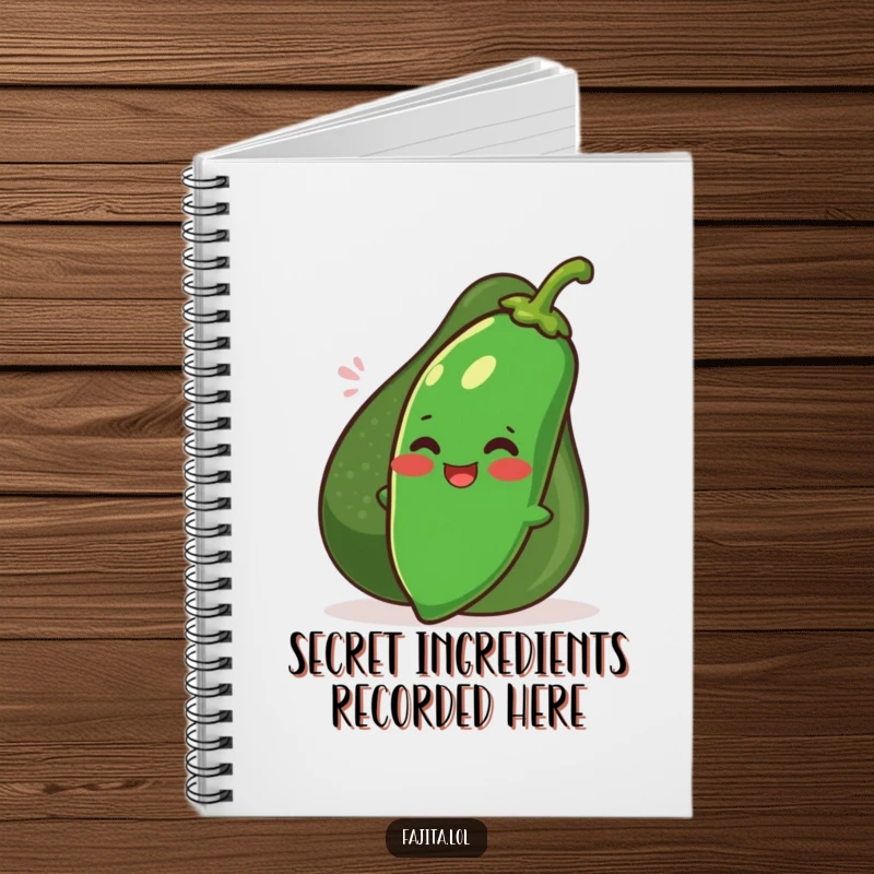 Funny giggling jalapeno character hiding behind a smiling avocado on a notebook, great for jotting down funny thoughts.