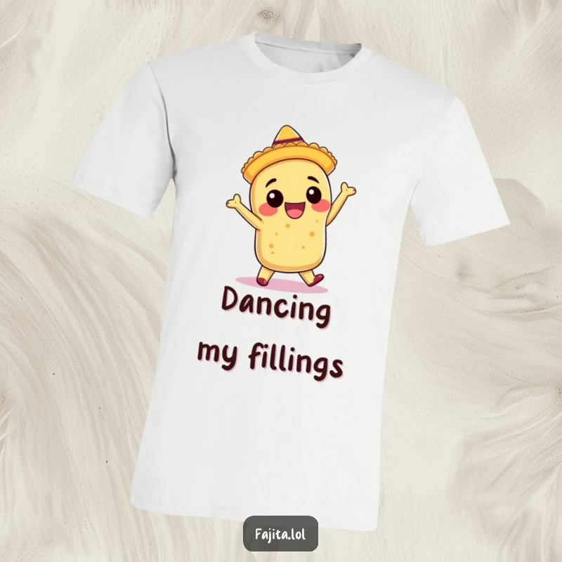 Funny t-shirt with a smiling burrito wearing a tiny sombrero, captured mid-salsa dance with infectious enthusiasm.