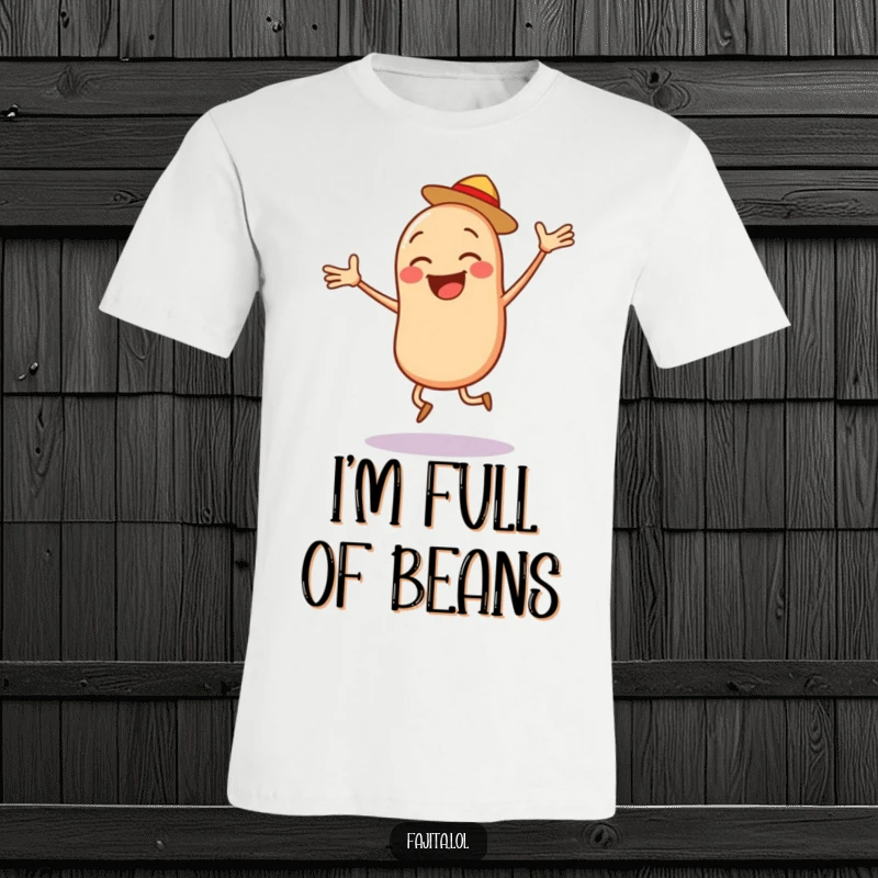 Funny Bean Salsa T-Shirt, a happy bean character performing a jumping jack with salsa, illustrating energetic and playful humor.