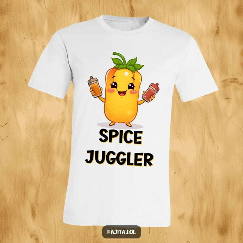 Funny t-shirt graphic of a happy bell pepper character juggling three spice shakers, embodying skill and culinary delight.