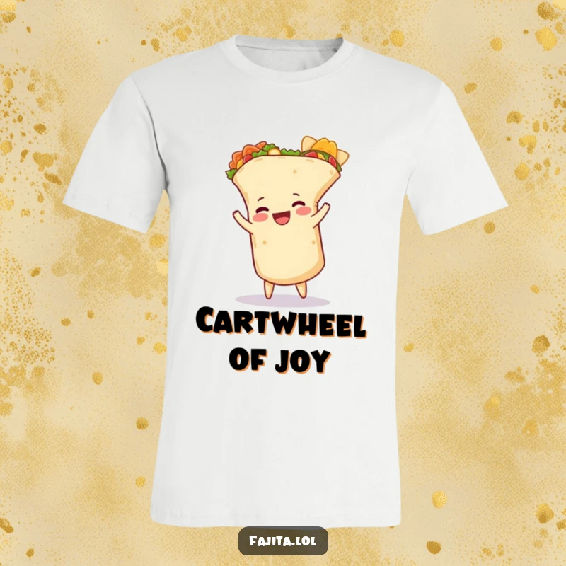 Funny burrito t-shirt depicting a happy burrito mid-cartwheel with its tortilla slightly unfurled, symbolizing fun and energetic vibes.