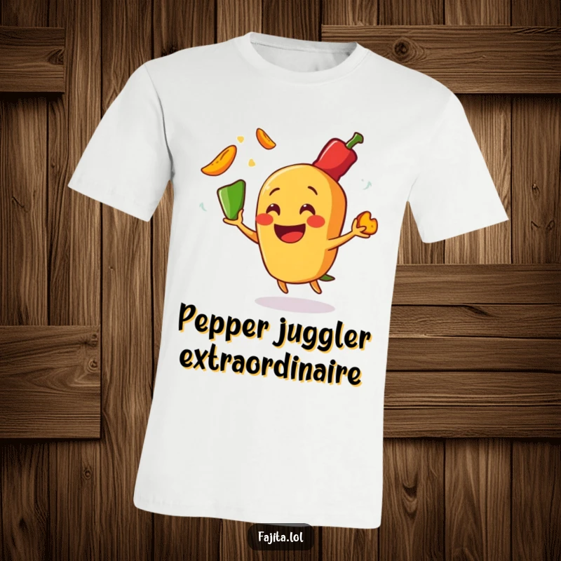 Funny t-shirt depicting a joyful fajita character skillfully juggling red-hot pepper slices, showcasing a dynamic and humorous culinary performance.