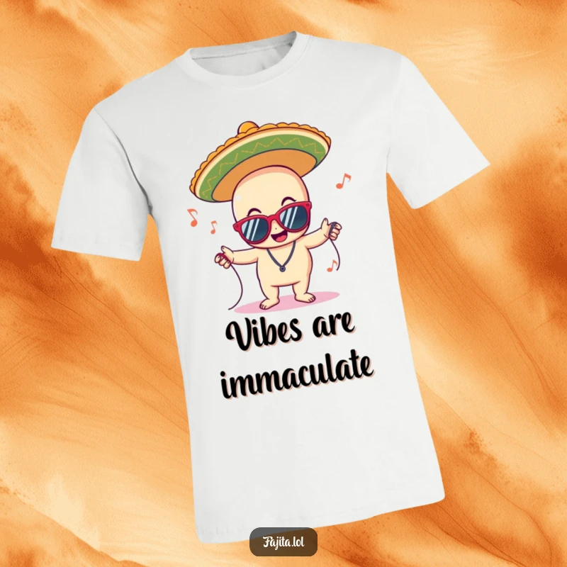 Funny t-shirt with a delighted sombrero character sporting sunglasses and grooving to music, radiating cool, celebratory party energy.