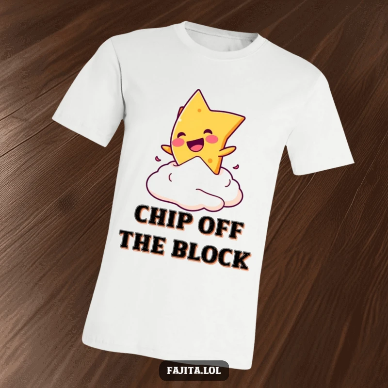 Funny t-shirt with a mischievous nacho chip in mid-air, playfully diving into a creamy dollop of sour cream.
