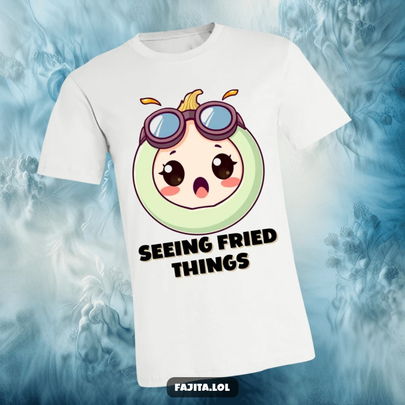 Funny t-shirt showing a surprised onion ring character in ridiculously large, goofy goggles, capturing a moment of shock.