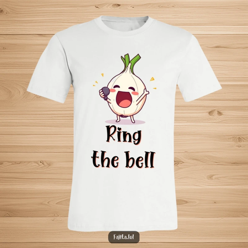 Funny t-shirt showing an excited onion ring character executing a comically dramatic mic drop, celebrating its crisp performance.