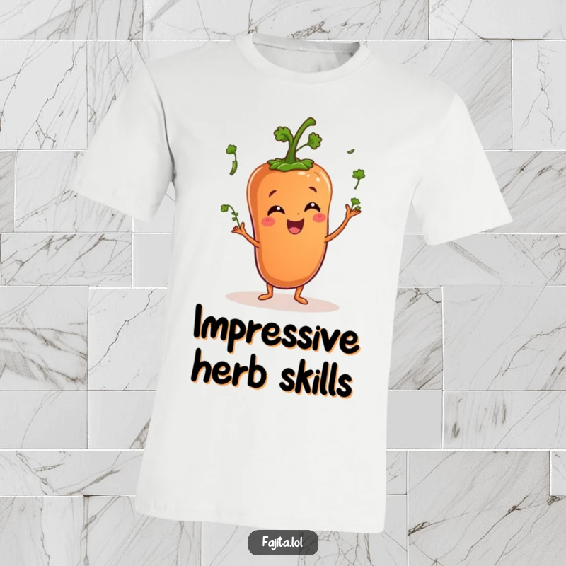 Funny t-shirt features a happy pepper character expertly juggling miniature cilantro sprigs, showcasing veggie talent with a grin.