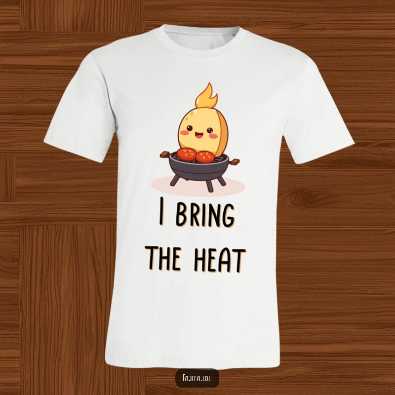Funny t-shirt showcasing a smiling fajita happily sizzling on a miniature cartoon grill, perfect for casual wear and food lovers.