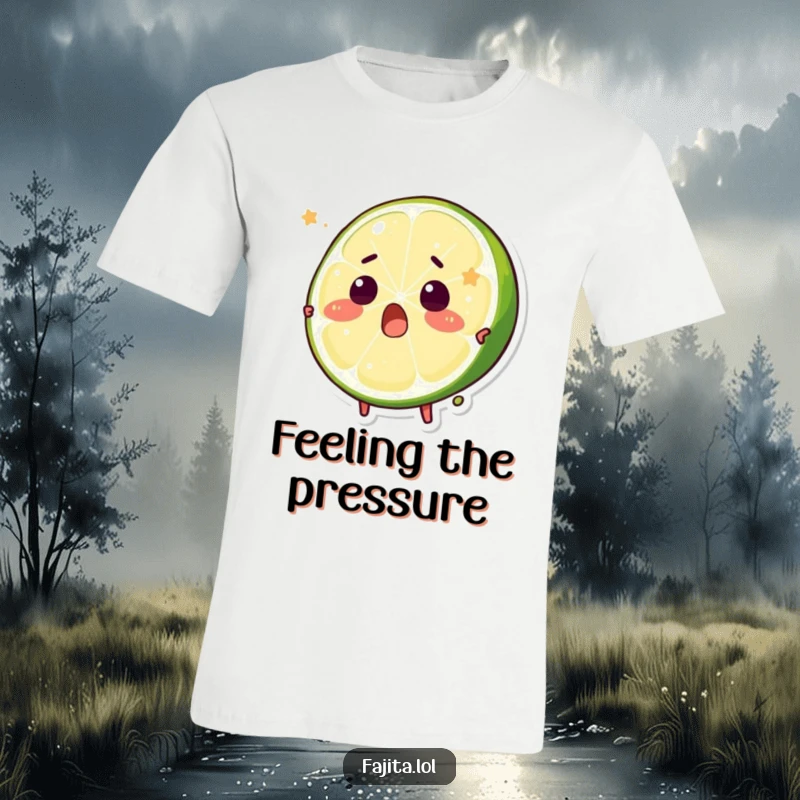 Funny t-shirt featuring a surprised lime wedge character reacting to a playful squeeze, capturing a moment of citrusy surprise.