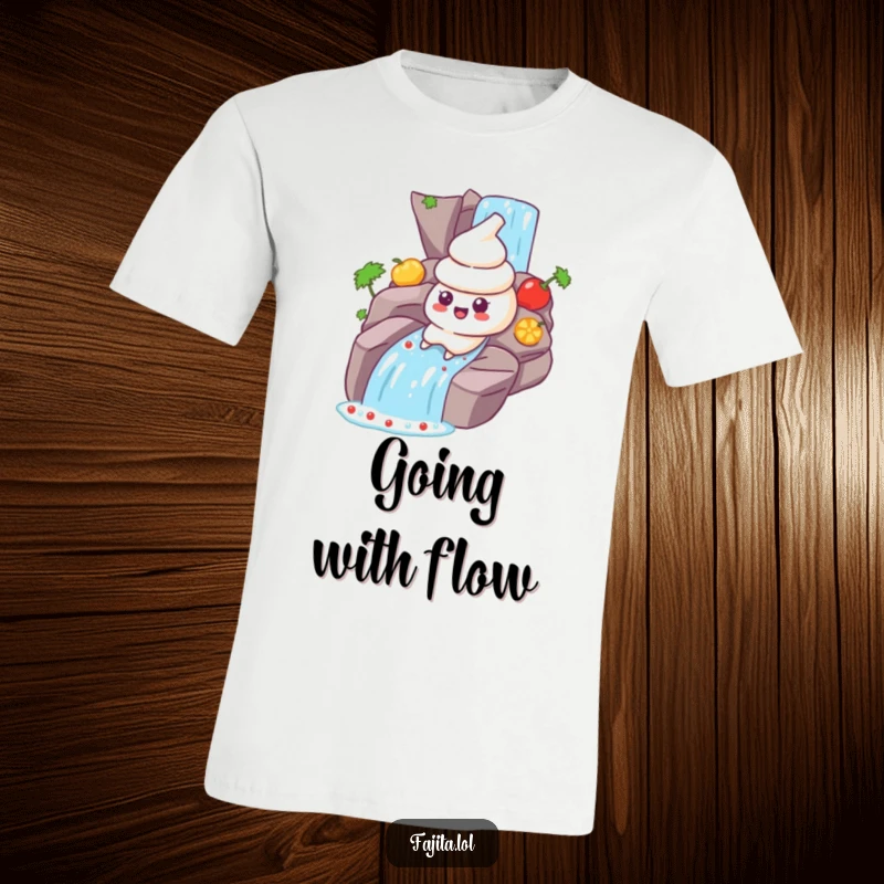 Funny Sour Cream T-Shirt: A cartoon sour cream dollop character joyfully sliding down a red salsa waterfall, embracing the thrill.