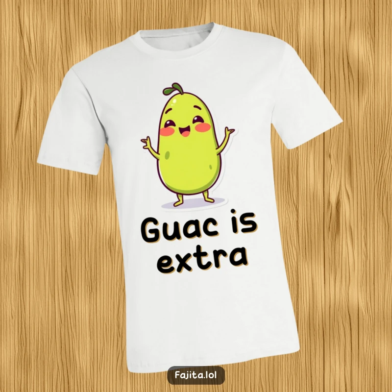 Funny T-Shirt showcasing a cheerful guacamole character doing an energetic and happy wiggle, embodying pure joy and delicious entertainment.