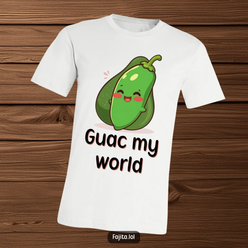 Funny shy jalapeno character peeking from behind a smiling avocado on a t-shirt, a delightful and humorous fashion statement.