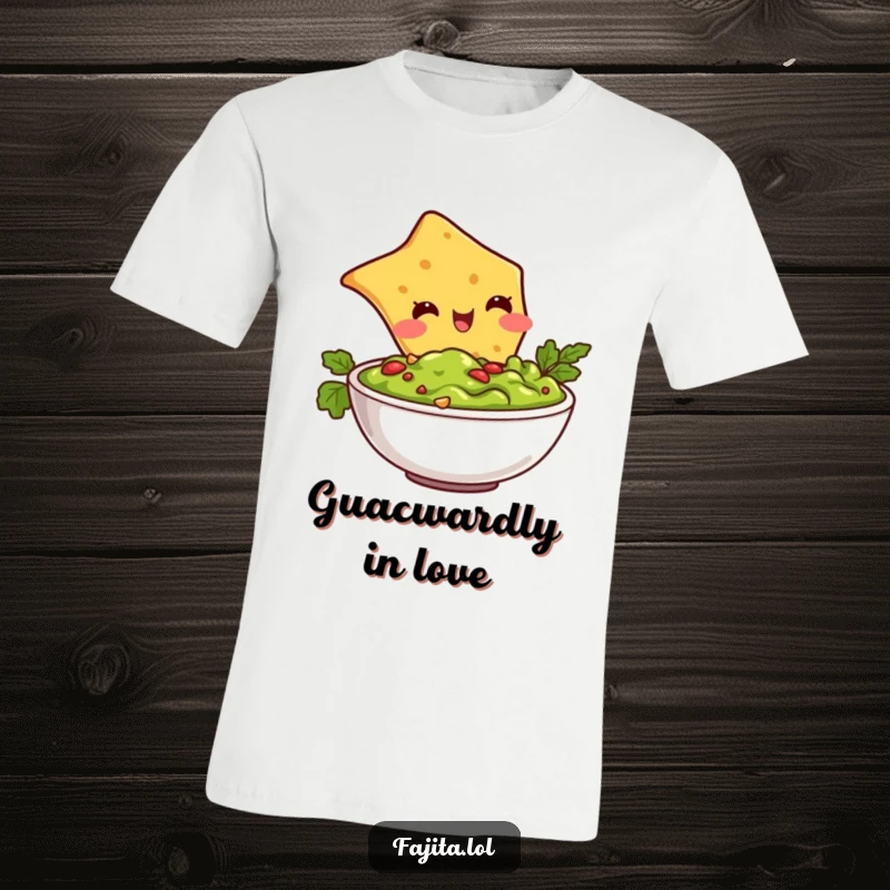 Funny t-shirt graphic of a happy tortilla chip character joyfully plunging into a bowl of rich guacamole, showcasing delight.