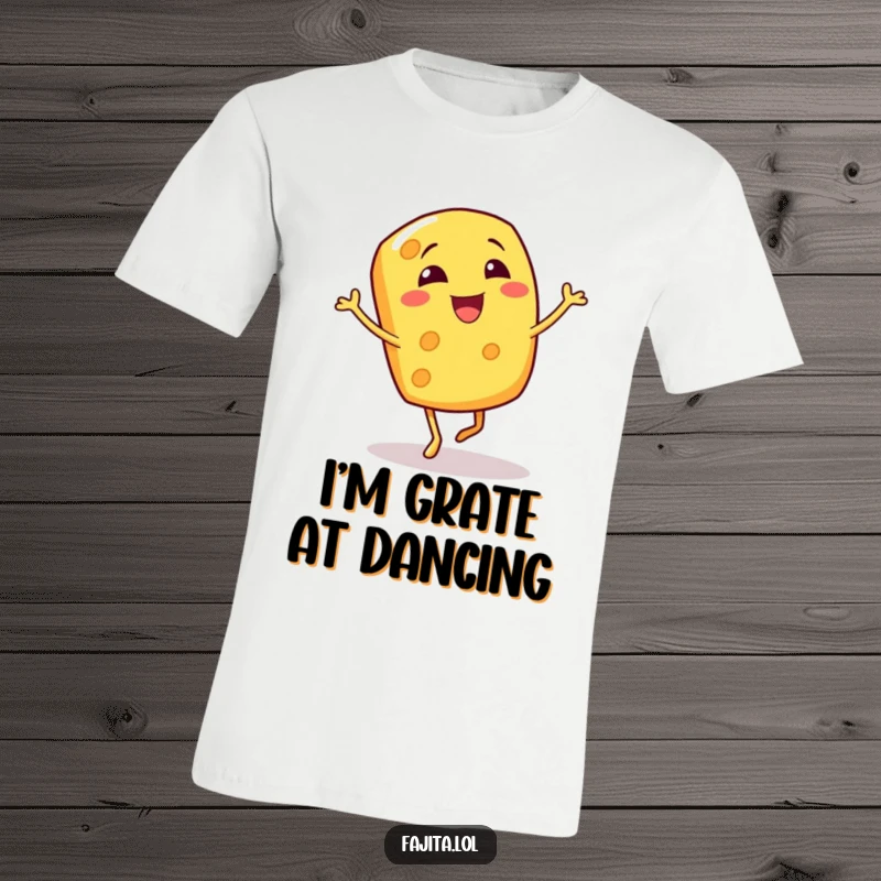 Funny t-shirt featuring a giggling cheese shred character caught mid-bouncy jig, with a playful and energetic expression.