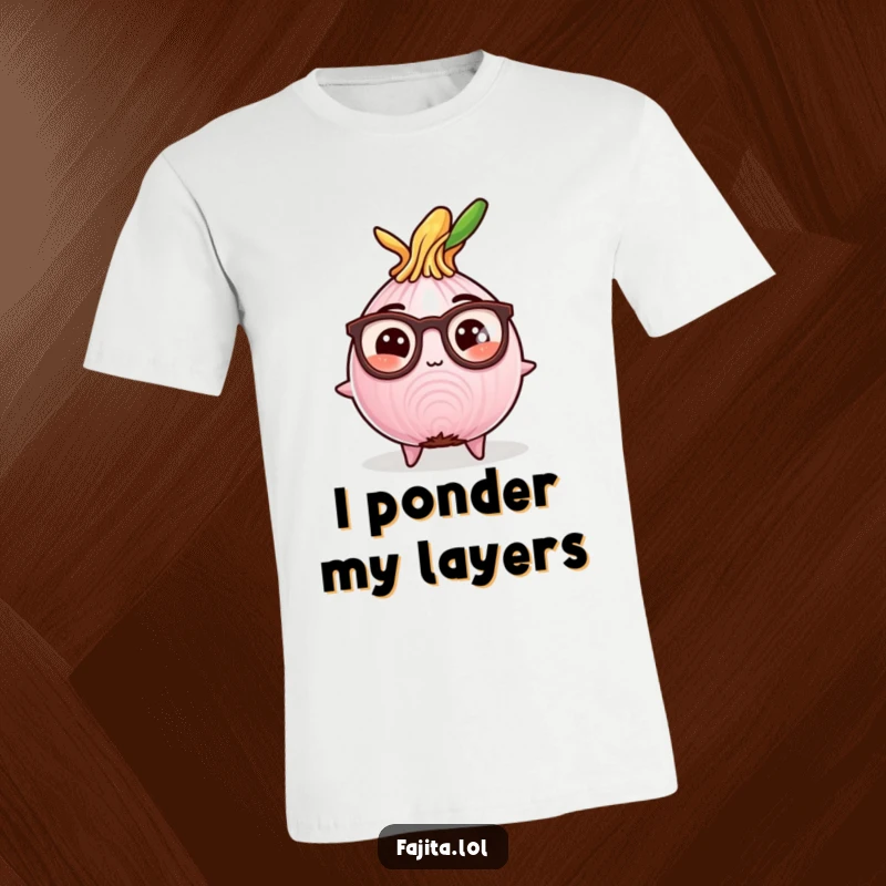 Funny t-shirt featuring a studious fajita onion slice wearing reading glasses, looking intelligent and comical.