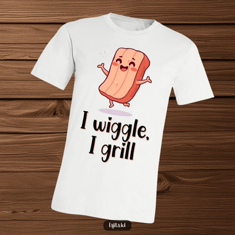 Funny t-shirt depicting a smiling strip of grilled meat doing a happy shimmy dance, celebrating deliciousness.