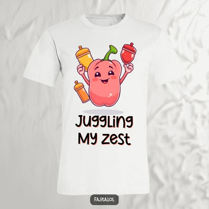 Funny t-shirt showing a cheerful bell pepper character expertly juggling three vibrant spice shakers with pure delight.