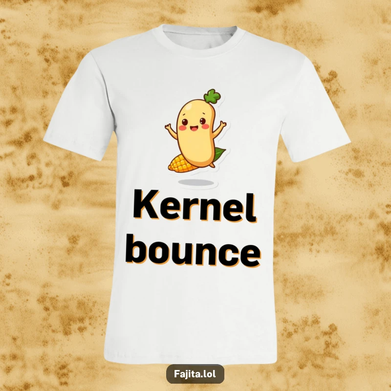 Funny Fajita Bean Character T-Shirt captured happily bouncing on a corn kernel, perfect for food lovers with a joyful spirit.
