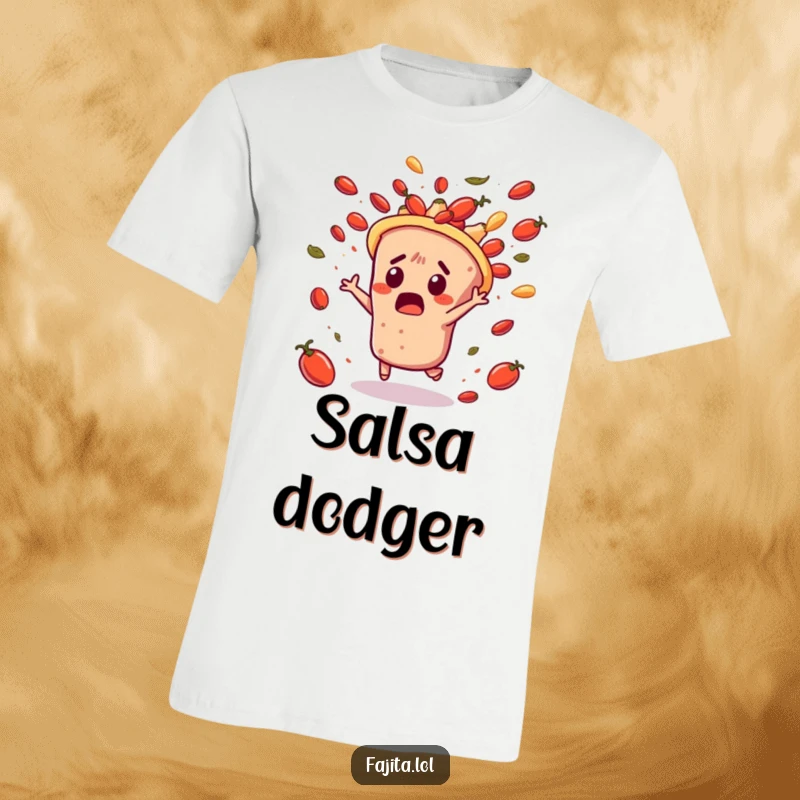 Funny t-shirt depicting a surprised fajita character comically evading a shower of flying salsa, showcasing a moment of unexpected, humorous action.