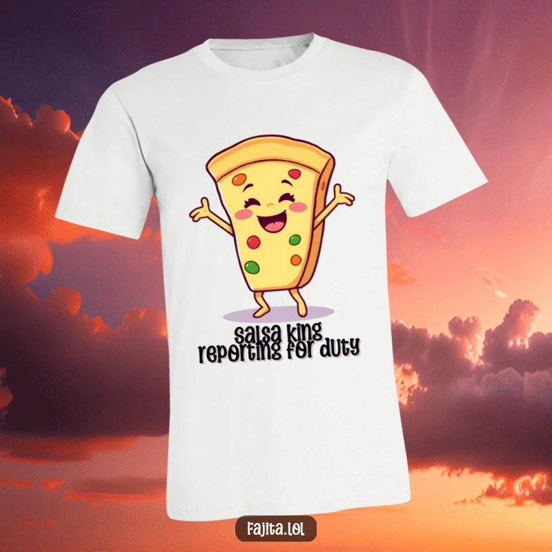 Funny t-shirt with a smiling fajita slice joyfully performing a dynamic salsa dance, capturing its triumphant and energetic spirit.