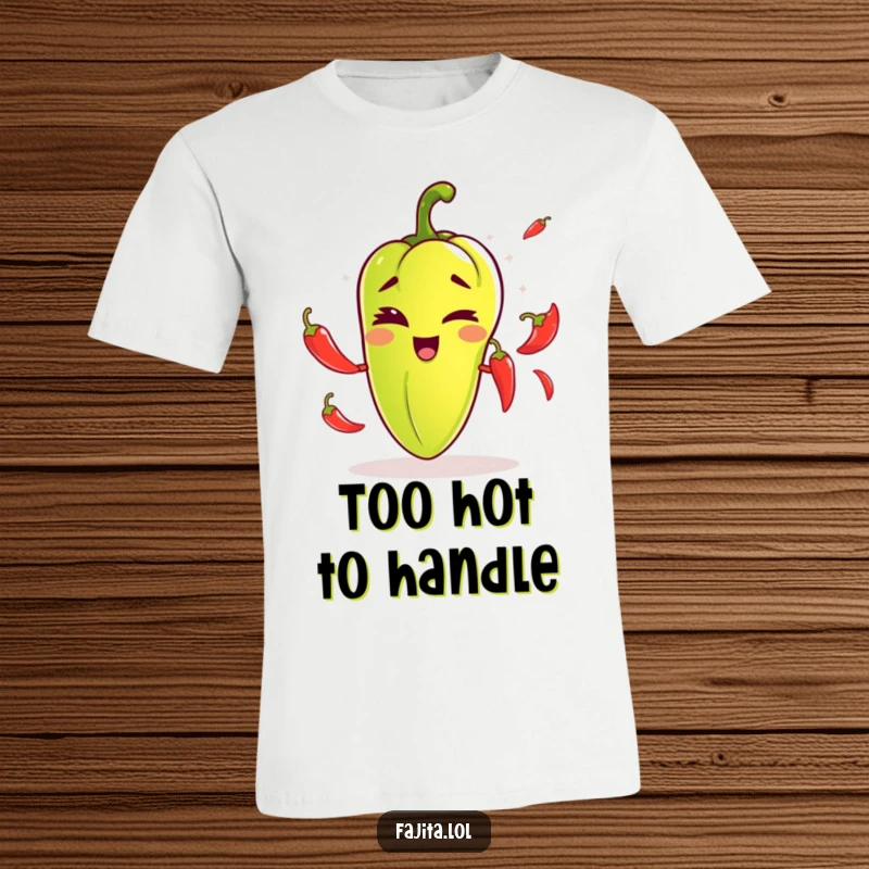 Funny t-shirt featuring a fajita pepper winking mischievously while juggling tiny chili peppers, embodying playful skill.