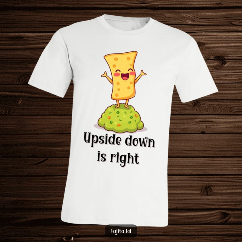 Funny t-shirt showing a laughing tortilla chip performing a headstand on guacamole, embodying playful spirit and chip obsession.